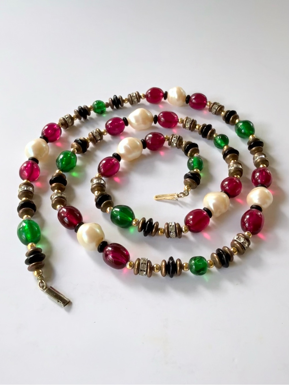 Vintage Chanel 1970s - 1980s Red Green Glass Bead Faux Pearl Rhinestone Necklace